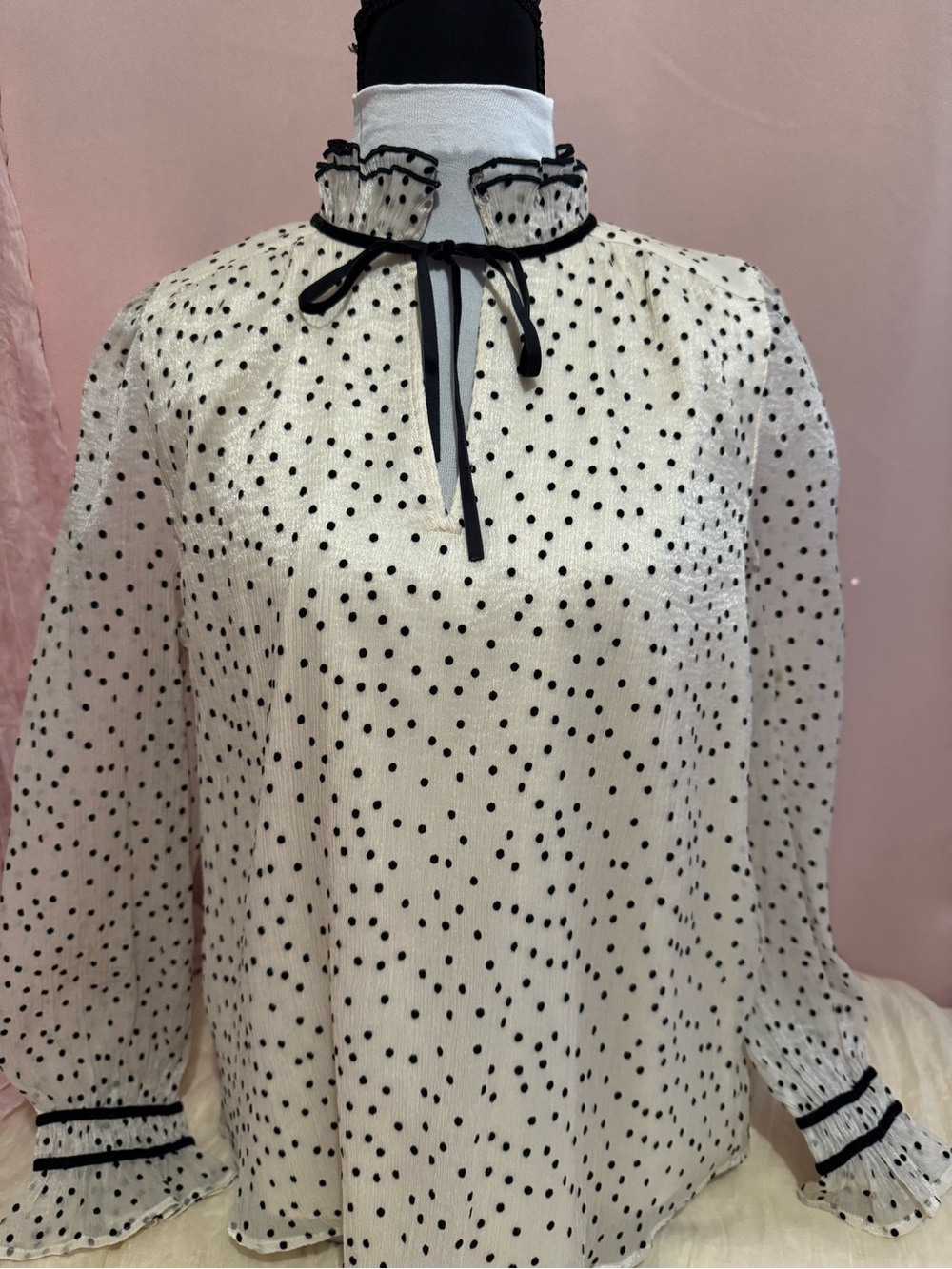 LOFT Cream Blouse with Black Polka Dots and Ruffle Tie-Neck